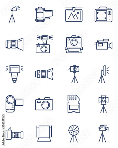 Photography equipment line icons set. Digital cameras on tripods, video cam, backdrop, lighting. Thin vector icon collection for photo studio, photography, technology concept