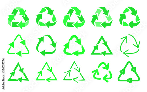 Recycling symbols flat icon set. Biodegradable waste logo, reuse arrow, eco mark isolated vector illustration collection. Waste reduce concept