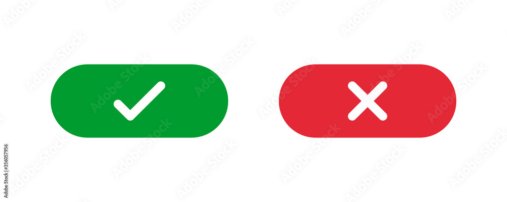 green check and red cross symbols, rounded rectangle solid vector signs
