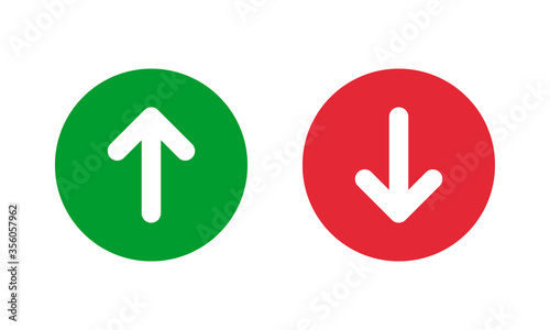 green up and red down arrows, round solid vector signs