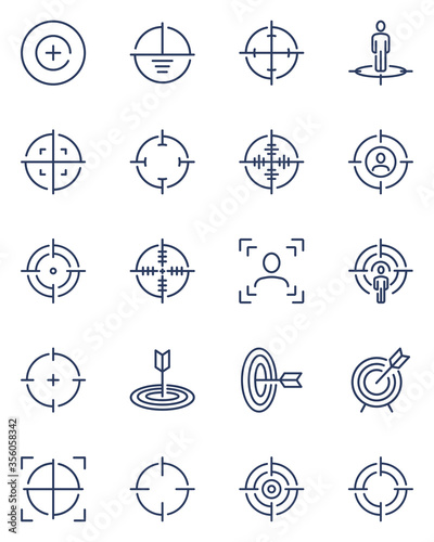 Targets line icons set. Aims for shooter game, accurate sniper shot, focus, dartboard, crosshair. Thin vector icon collection for accuracy, military, bullseye concept