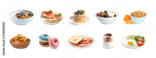 Set of different delicious dishes for breakfast on white background. Banner design