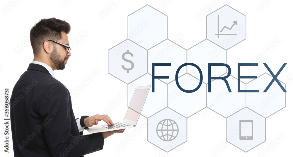 Businessman with laptop on white background. Forex trading Businessman with laptop on white background. Forex trading