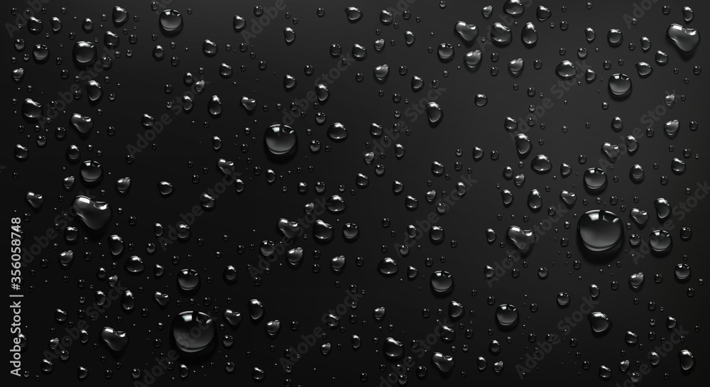 Condensation water drops on black glass background. Rain droplets with light reflection on dark window surface, abstract wet texture, scattered pure aqua blobs pattern Realistic 3d vector illustration
