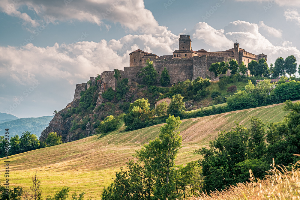 View on the north side of the castle of Bardi. Parma province, Emilia and Romagna, Italy.