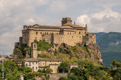 The castle of Bardi in a cloudy day. Parma province, Emilia and Romagna, Italy.
