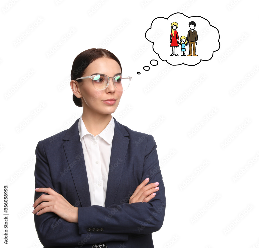Businesswoman dreaming about family on white background. Concept of balance between life and work Businesswoman dreaming about family on white background. Concept of balance between life and work