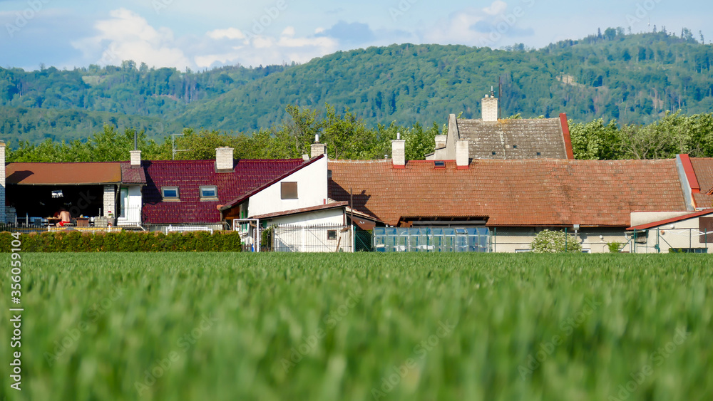 View of the village of Bohunovice, Czech Republic. Fields, mountains, buildings.