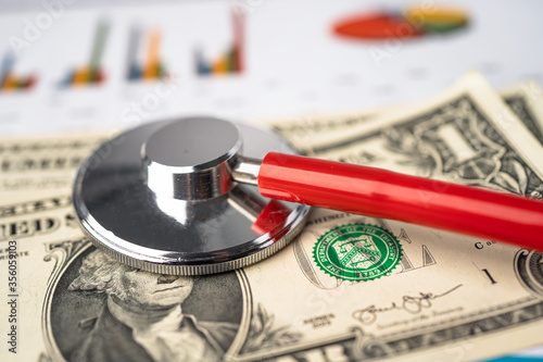 Stethoscope on US dollar banknotes, Finance, Account, Statistics, Analytic research data and Business company  medical health meeting concept