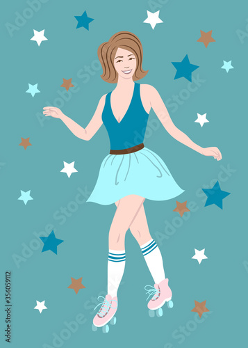 Roller skating girl on roller rink illustration. Retro card with stars © Sveta_Aho