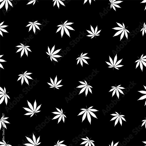Cannabis seamless pattern. Marijuana leaf, white weed plant. Hashish texture, isolated black background. Hemp psychedelic grass. Fabric print for medical wallpaper. Simple design Vector illustration © alona_s