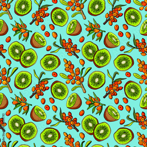 Cartoon fruit seamless pattern in hand-drawn style. Vector repeat background with kiwi and sea ​​buckthorn. Fresh food fabric design.