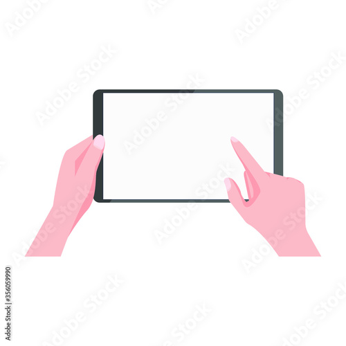 Hands holding a tablet on an isolated white background, flat cartoon. A finger touches the touch screen while controlling the application. Concept: finger drawing, tablet, management, game, business. 