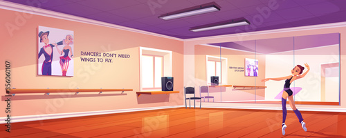 Ballerina dance in studio, ballet class with mirrors and wooden floor. Dancer girl rehearsal lesson in room with wall handrails and artist banners, training practice, cartoon vector illustration