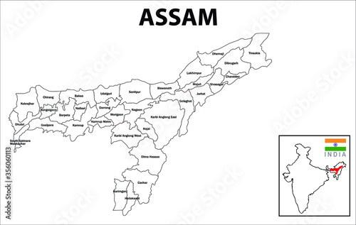 Assam map. Political and administrative map of Assam with districts name. Showing International and State boundary and district boundary of Assam. Vector illustration of districts map.