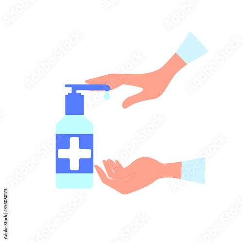 Hand treatment with antiseptic. Vector, flat cartoon. Concept: hygiene, prevention, virus, germs, pollution, bacteria, cleanliness, long-term action, dispenser, agent.
