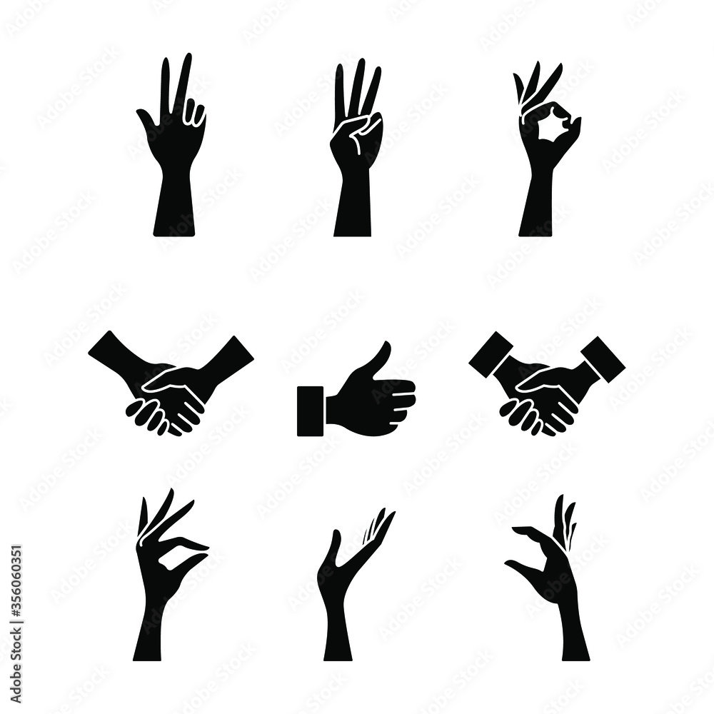 Set of hand gestures, black silhouette, vector. Concept: finger count, gesture all right, handshake, thumb up, support something. Set of hand gestures, black silhouette, vector. Concept: finger count, gesture all right, handshake, thumb up, support something.