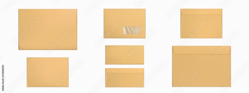 Kraft envelopes template set. Blank brown closed craft paper covers, letter packages, mock up of folder for business documents and messages, Realistic 3d vector mockup
