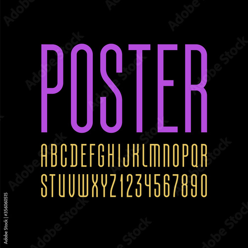 Font is retro colored, condensed tall regular alphabet sans serif, trendy uppercase Latin letters from A to Z and Arab numbers from 0 to 9 for you designs, vector illustration 10EPS