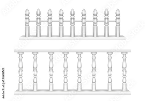 White marble balustrade, handrail for balcony, porch or garden in classic roman style. Vector realistic set of baroque stone railing, banister with pillars, antique fence with columns
