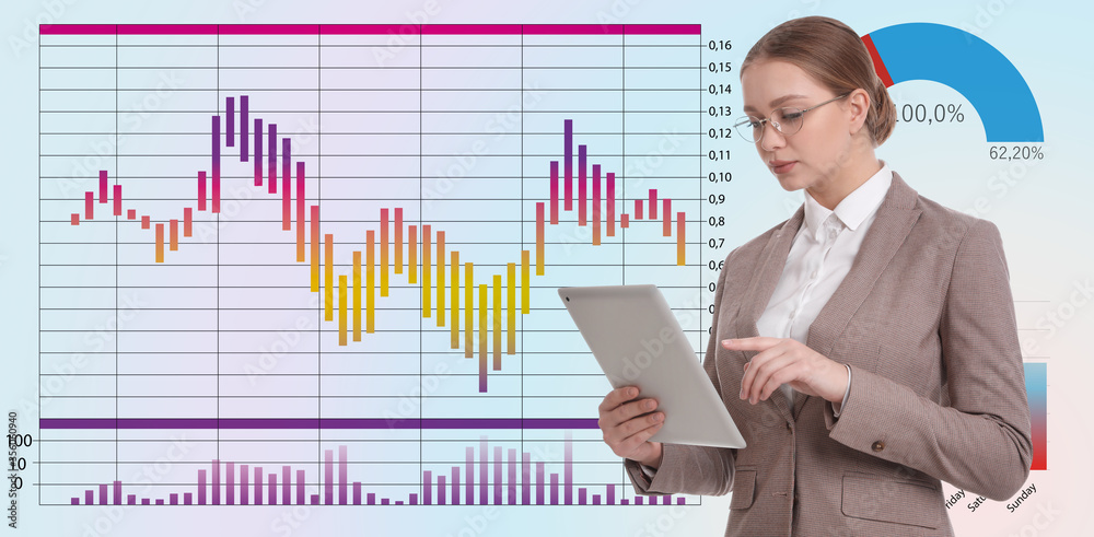 Finance trading concept. Young woman with tablet and charts, banner design Finance trading concept. Young woman with tablet and charts, banner design
