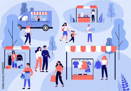 People walking in park during garage sale flat vector illustration. Cartoon man and woman and street season flea market. Community and summer fair concept