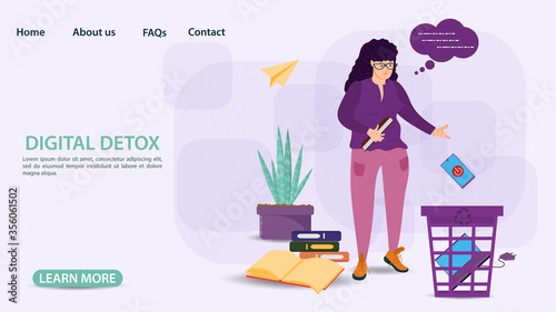 Digital detox banner concept for web and mobile sites Pregnant girl throws phone and laptop in the trash flat vector illustration