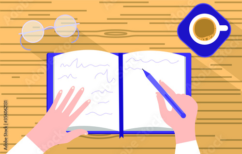 Hands write in a notebook, a writer takes notes, composing, dictating, taking notes, a student or student writes. Vector illustration, flat cartoon design.
