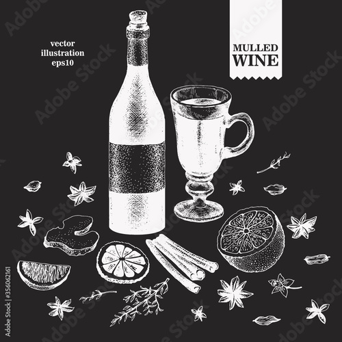 Hand drawn mulled wine ingredients illustrations. Vector illustrations on chalk board. Vintage background