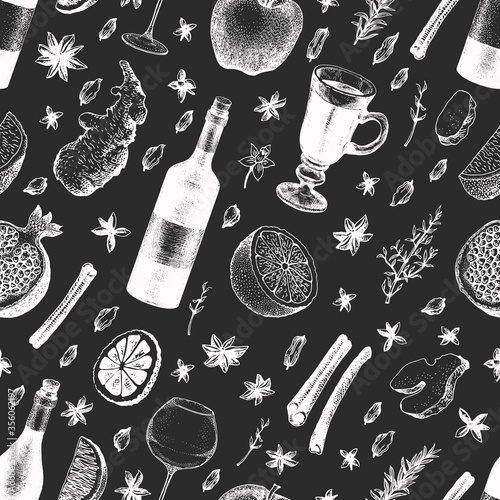 Hand drawn mushroom seamless pattern. Vector illustrations on chalk board. Vintage background