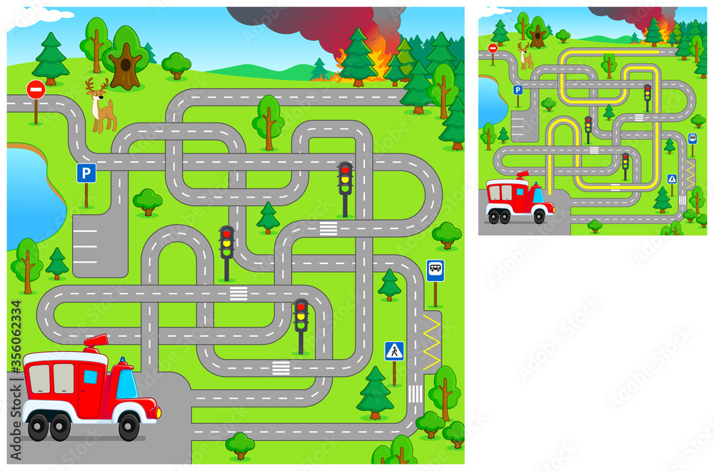 Maze for kids with fire engine. Find the right path to the forest fire. Vector cartoon illustration. Education game for children.