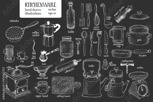 Hand drawn set of different kitchenware. Vector illustrations on chalk board. Kitchen utensils
