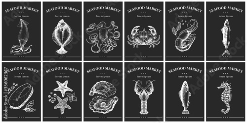 Labels with seafood. Vintage set templates price tags for shops and markets. Vector illustrations on chalk board.