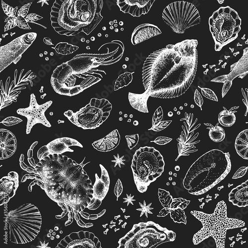 Hand drawn seafood seamless pattern. Vector crabsfishes and oystrers illustrations on chalk board. Vintage marine background