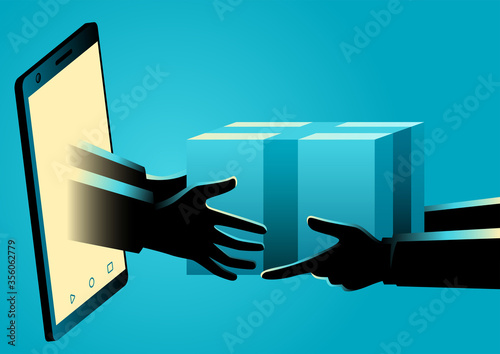 Hands come out of a smart phone screen delivering a package