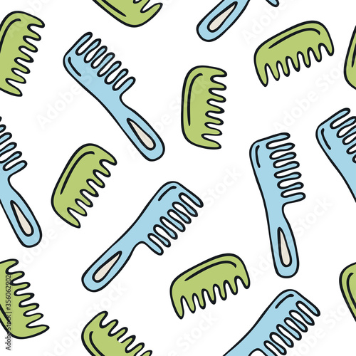 Seamless pattern with hand drawn hair combs on a white background. Doodle, simple outline illustration. It can be used for decoration of textile, paper and other surfaces.