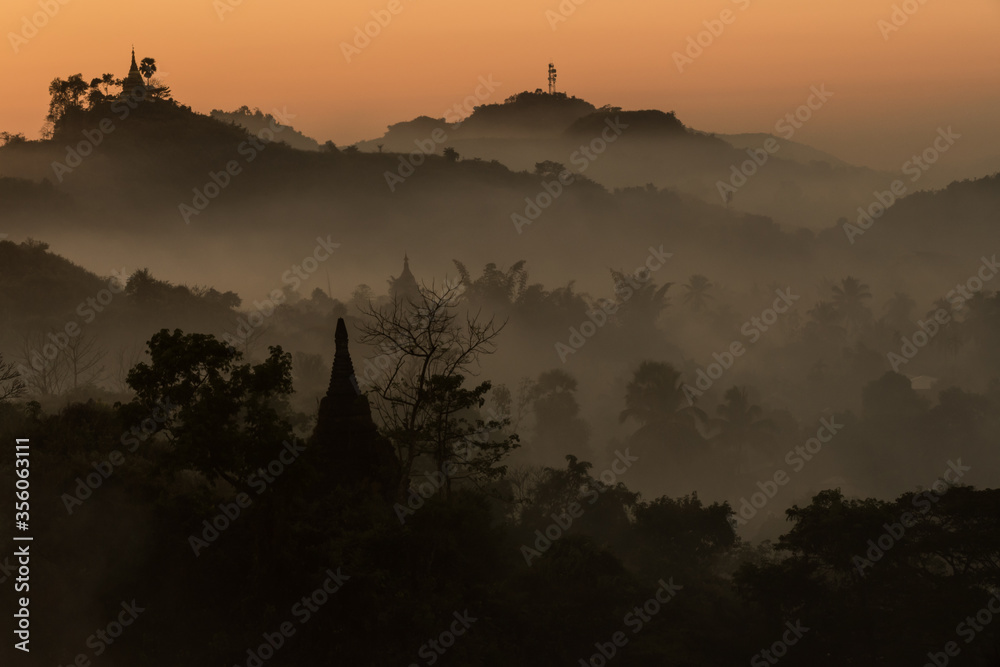 Mrauk U ancient town with pagoda and temple surrounding, Myanmar