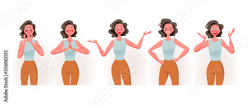 Young lady cartoon character portrait wit different emotions and facial expressions isolated on white background. Sadness, hermony, joy, anger, fear concept. Vector flat illustration.