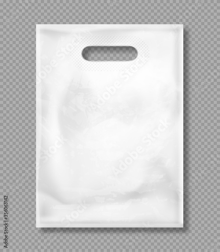 White plastic bag isolated on transparent background. Vector mockup of blank packet with handles, empty polythene package for shopping, gift or merchandise. Template for corporate design on flat bag