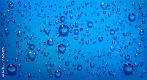 Water droplets on blue background. Vector realistic illustration of condensation of steam in shower or fog on wet blue surface, clear aqua drops from dew or rain