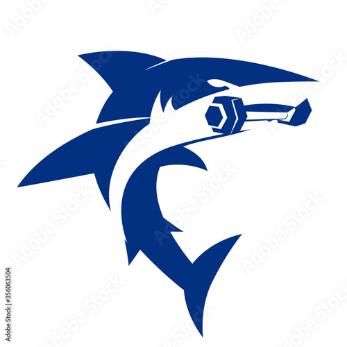 Blue shark silhouette with dumbbell in mouth. Predator of the sea