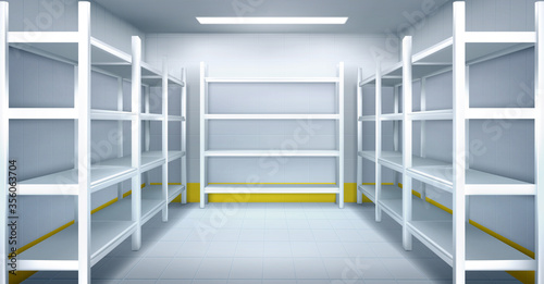 Cold room in warehouse with empty metal racks. Vector cartoon interior of industrial storage freezer with shelves, tiled walls and floor. Refrigerator chamber in factory, store or restaurant