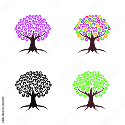 A Collection of multicolored tree in cartoon style.