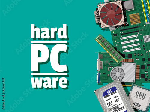 Motherboard, hard drive, cpu, fan, graphic card, memory. Set of personal computer hardware. PC components icons. Vector illustration in flat style