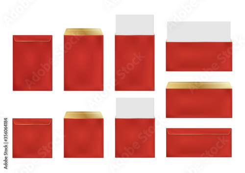 Red envelopes template set. Blank closed and open paper covers, festive letter packages with gold trim, folder with white paper sheet for business docs and messages, Realistic 3d vector mockup