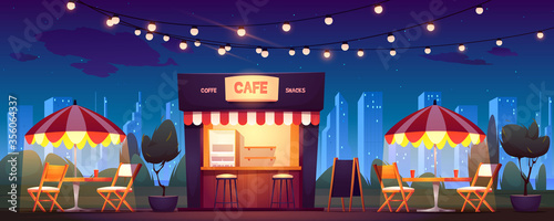 Street cafe with coffee and snacks at night. Vector cartoon cityscape with outdoor cafeteria with umbrellas, tables and chairs on sidewalk. Fast food shop in summer town park