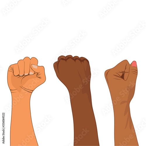 Hands clenched into a fist. The concept of protest and revolution. Fighting for their rights, racial discrimination and violence. Vector illustration isolated on a white background for design and web.