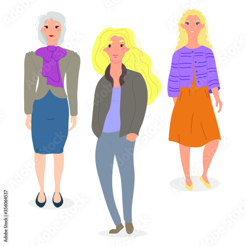 Three women of different ages are isolated on a white background, middle aged, girl and elderly. Vector illustration, flat cartoon, eps 10. Concept: age, rights, power of women, movement of feminists.