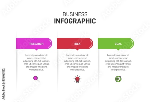 Concept of arrow business model with 3 successive steps. Three colorful graphic elements. Timeline design for brochure, presentation. Infographic design layout.
