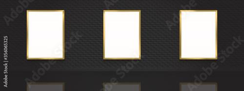 Movie posters mockup. Blank pictures with gold frames on dark brick wall in cinema, theater, museum or gallery interior. Empty advertising banners with border and backlight realistic 3d vector mock up